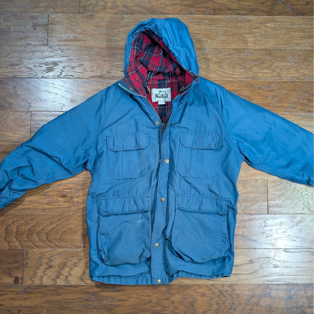 Vtg Woolrich Mens Blue Plaid Lined Hooded Field Chore Jacket Large 23x29‎ USA
